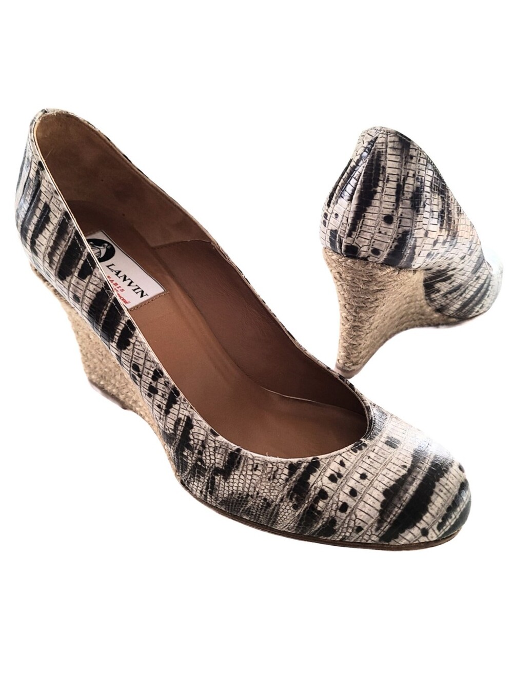 LANVIN Leather Animal Print Dark/Neutrals Espadrille Wedge Pump Comfort! 36